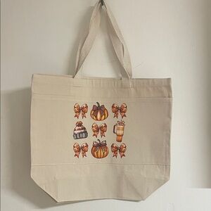 Canvas Tote Bag with Pumpkin and Bow Design